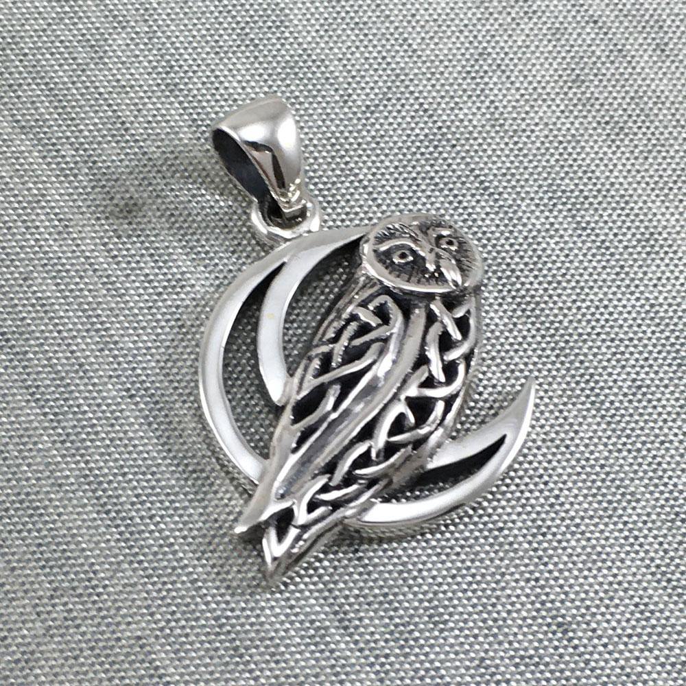 Celtic Owl on Crescent Moon Sterling Silver Pendant TPD5714