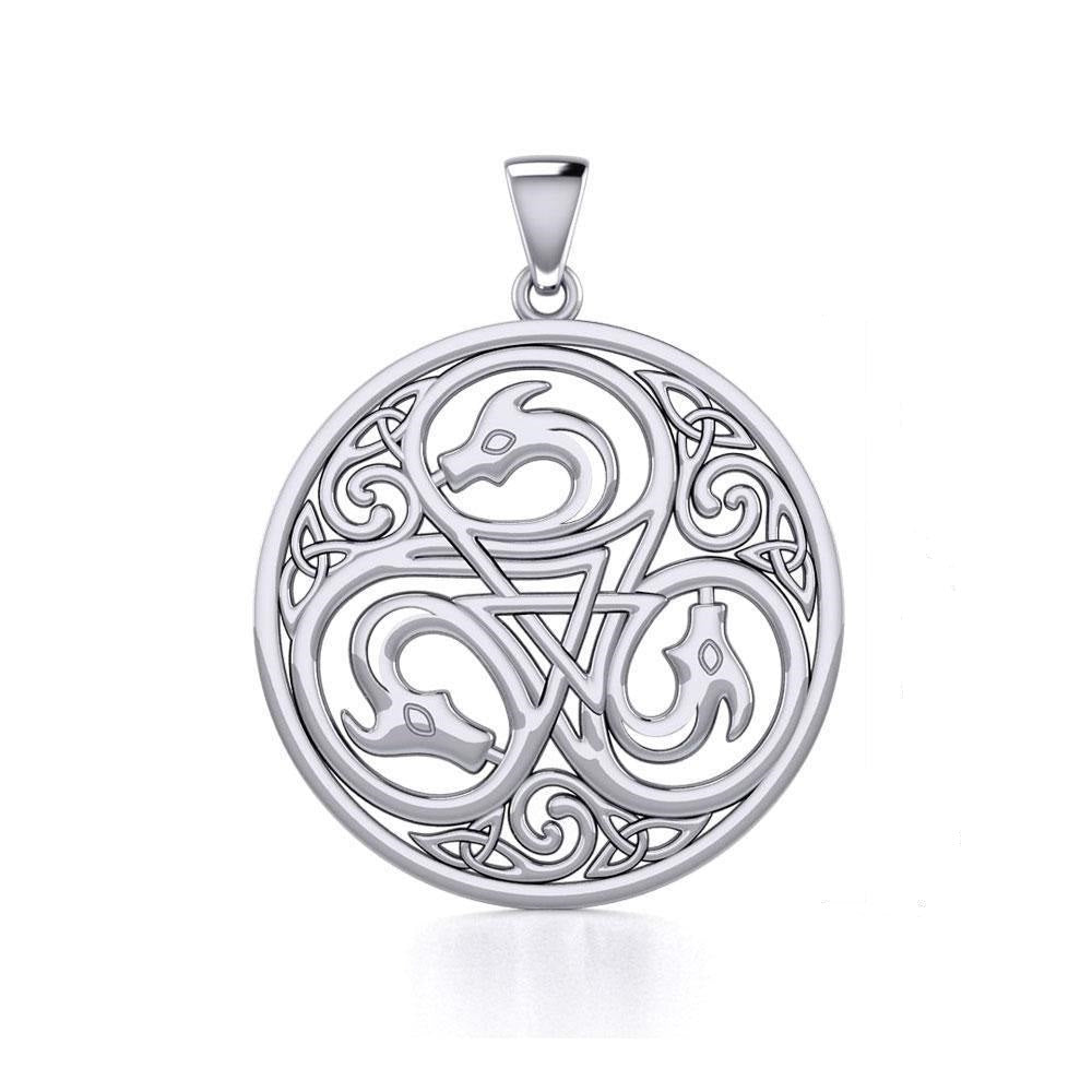 Dragon with Triskele Sterling Silver Disc Pendant TPD5820
