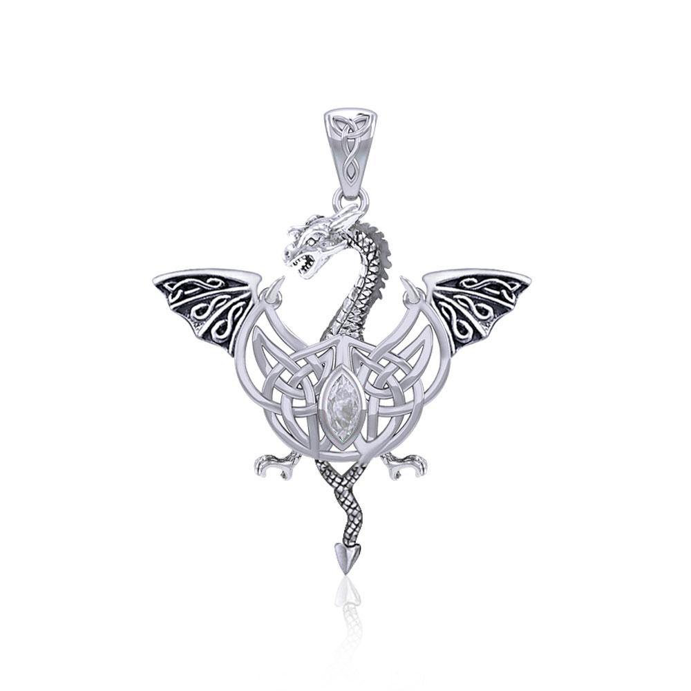 Flying Dragon with Celtic Knot Sterling Silver Pendant TPD5823