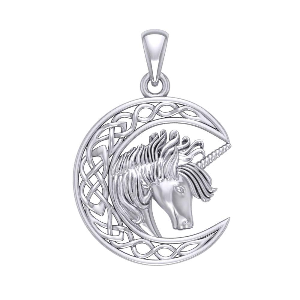 Unicorn with Celtic Crescent Moon Sterling Silver Pendant TPD5890