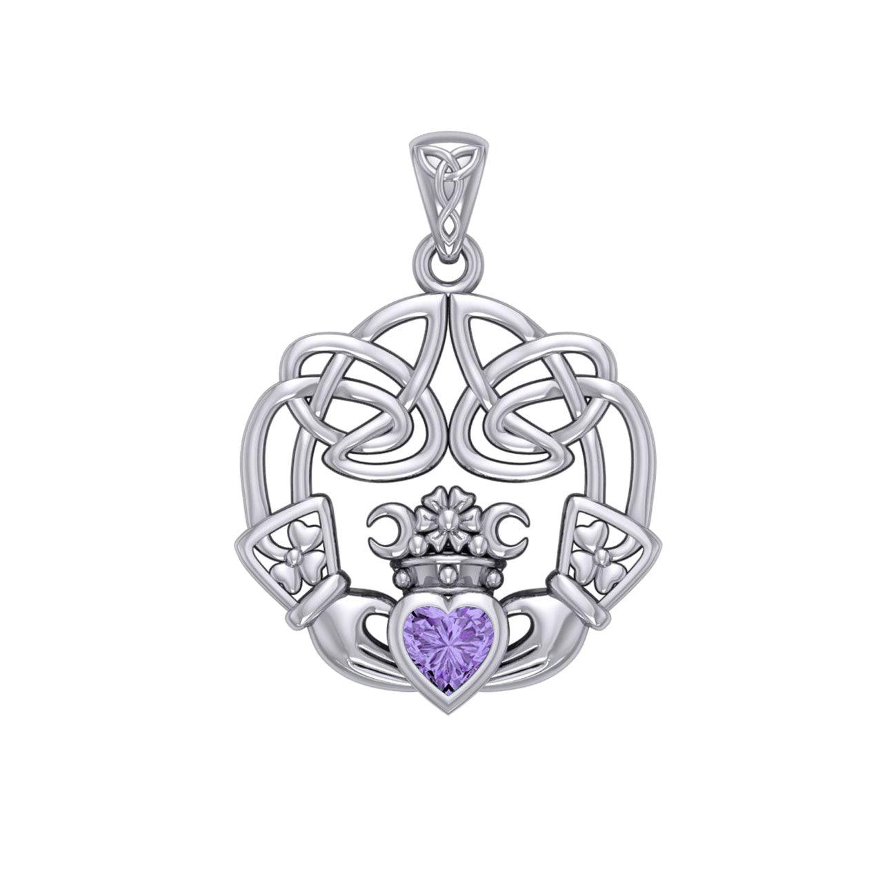 Irish Celtic Claddagh Sterling Silver Pendant with Gemstone TPD5905