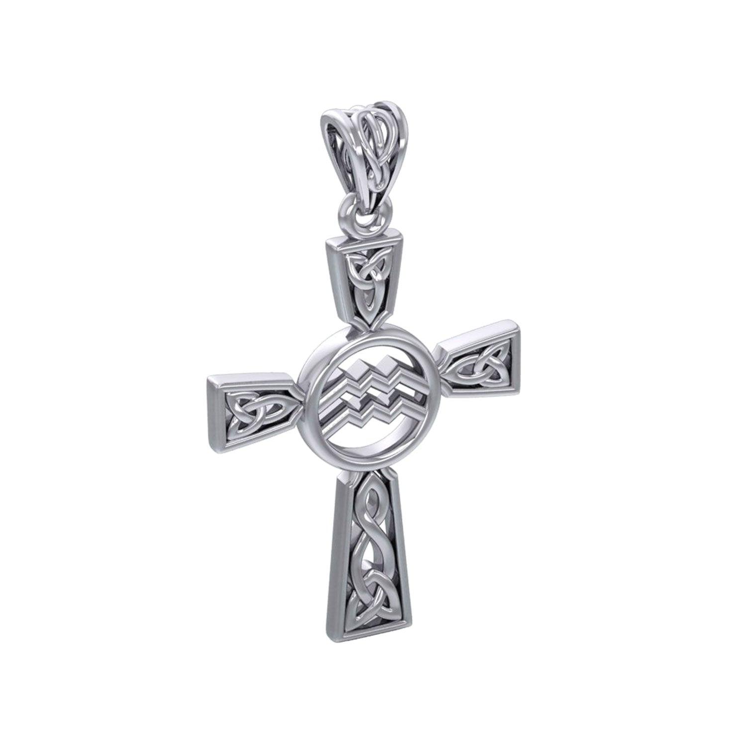 Celtic Cross Aquarius Astrology Zodiac Sign Sterling Silver Pendant TPD5946