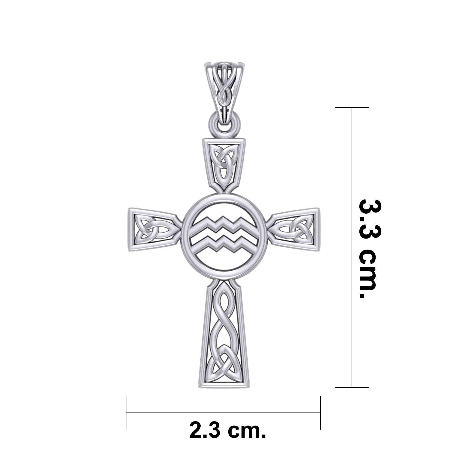 Celtic Cross Aquarius Astrology Zodiac Sign Sterling Silver Pendant TPD5946