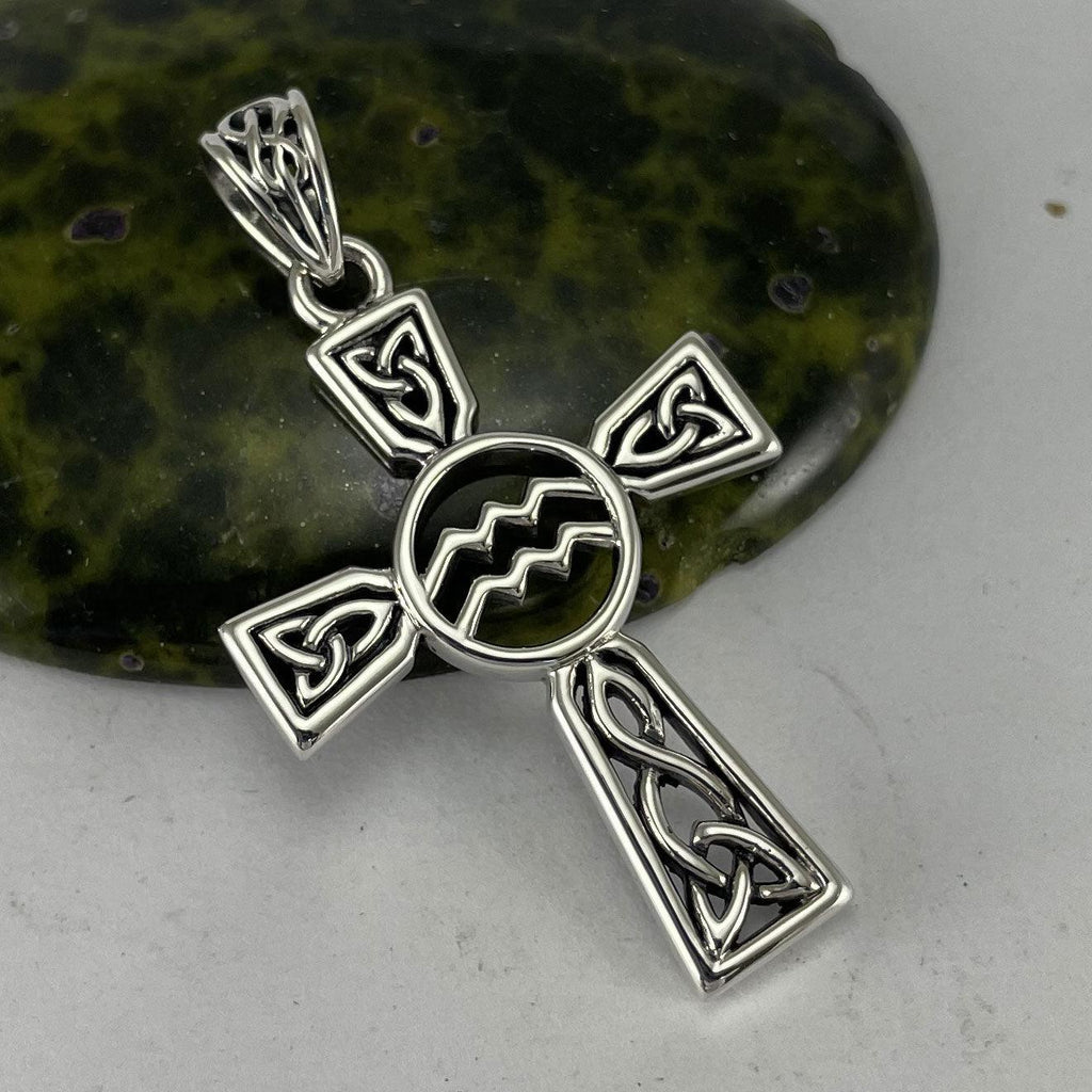 Celtic Cross Aquarius Astrology Zodiac Sign Sterling Silver Pendant TPD5946