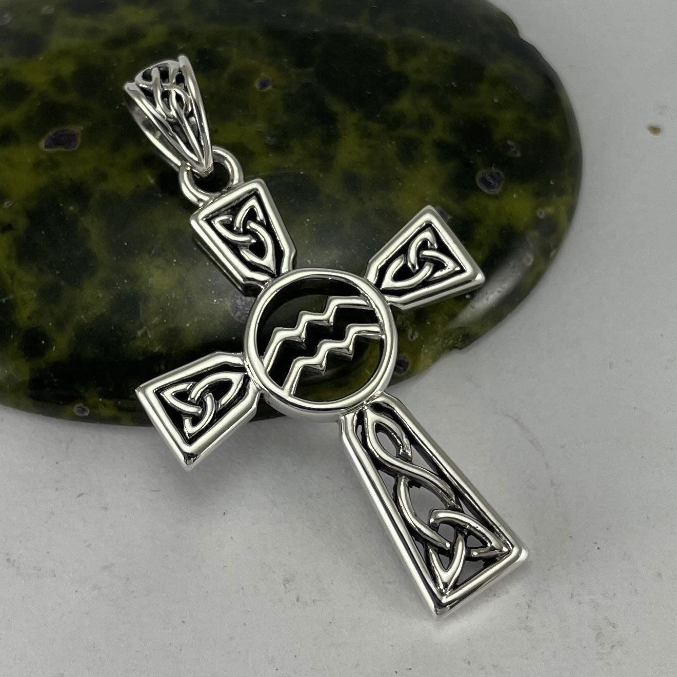 Celtic Cross Aquarius Astrology Zodiac Sign Sterling Silver Pendant TPD5946