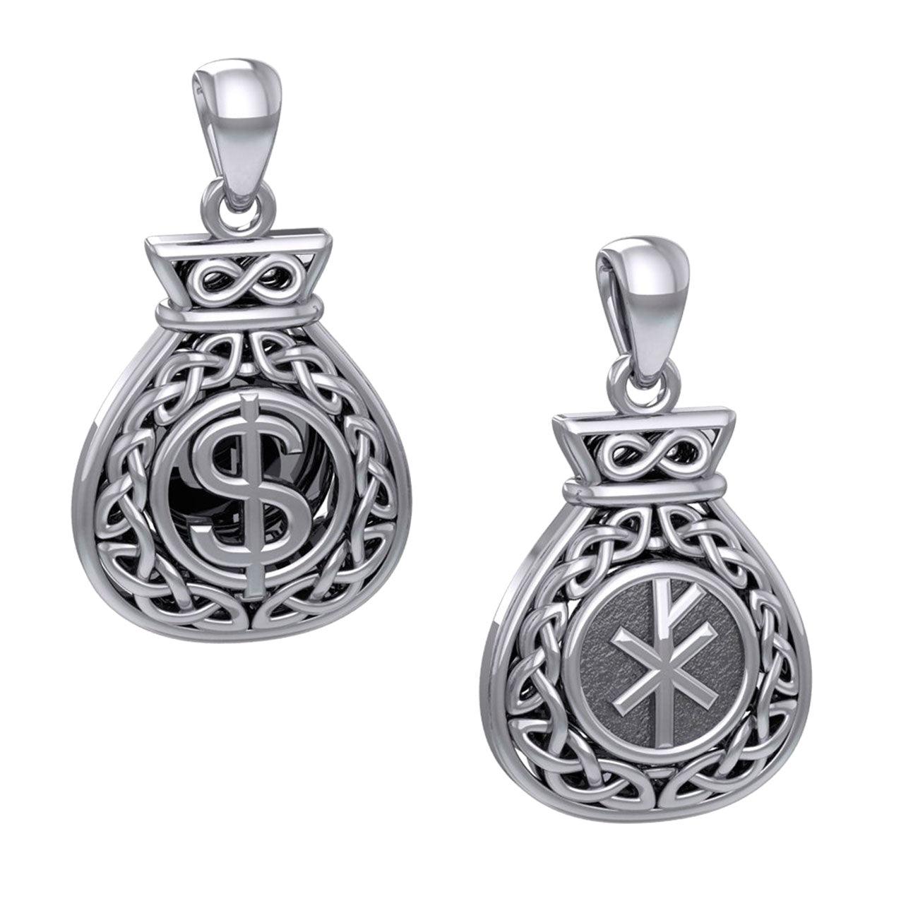 Celtic Infinity Money Bag with Wealth and Prosperity Bind Rune Sterling Silver Pendant TPD5962