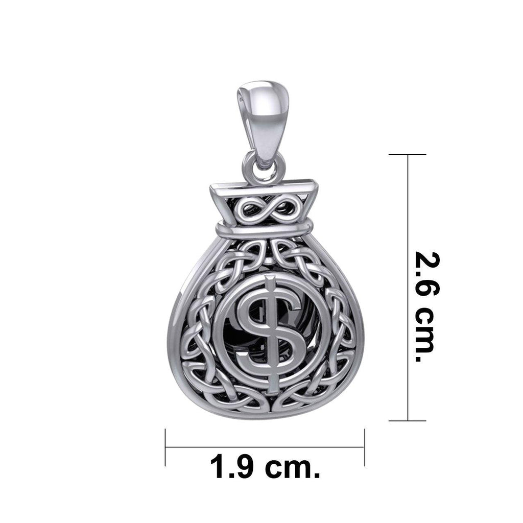 Celtic Infinity Money Bag with Wealth and Prosperity Bind Rune Sterling Silver Pendant TPD5962