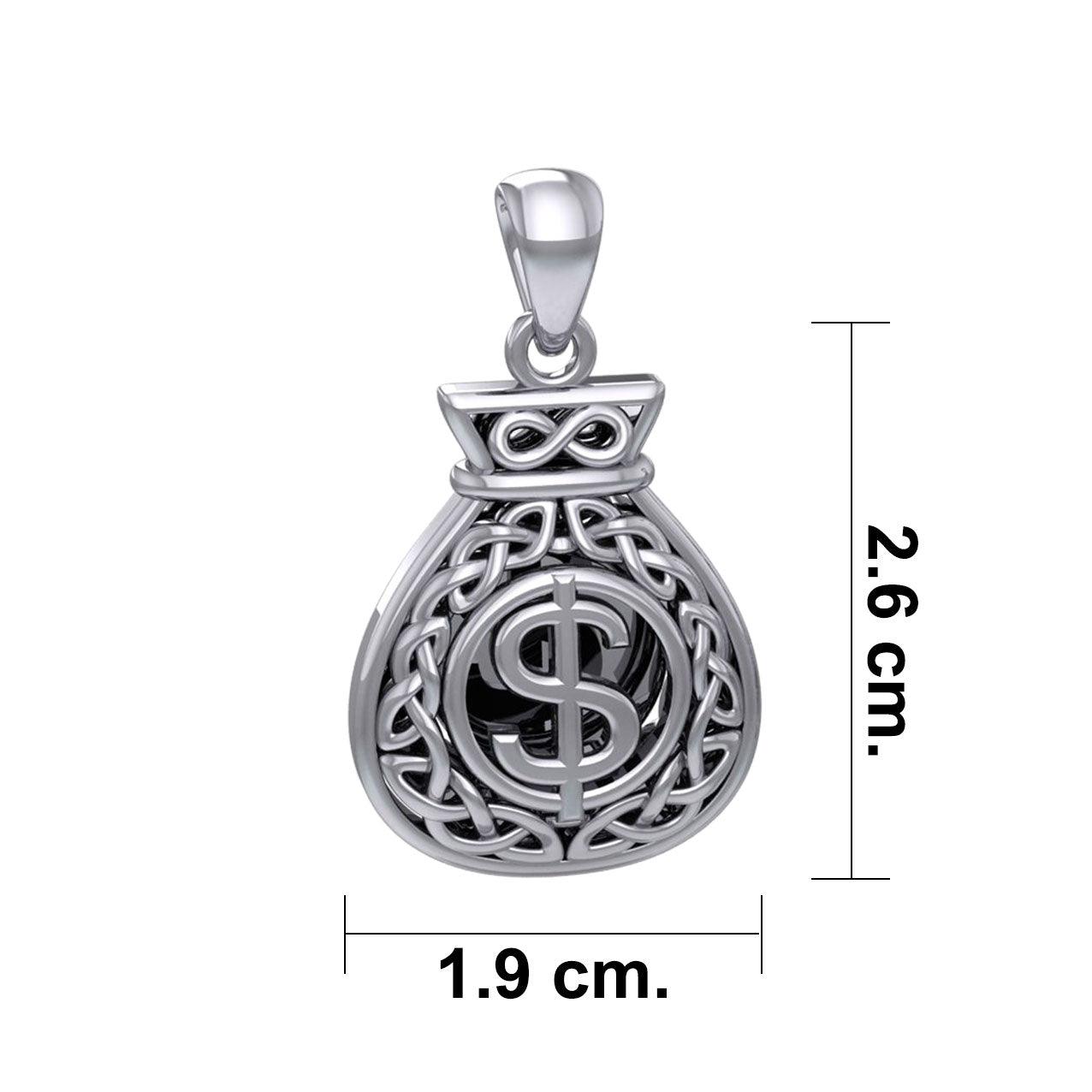 Celtic Infinity Money Bag with Wealth and Prosperity Bind Rune Sterling Silver Pendant TPD5962