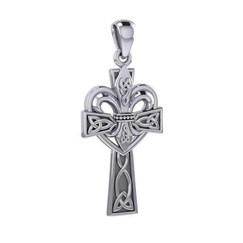 A powerful combination of Celtic elements ~ Fleur-de-Lis and Celtic Cross Sterling Silver Pendant TPD5994 | Pendant | Wiccan Center