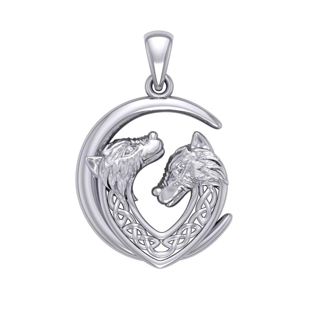 Double Celtic Wolves with Crescent Moon Sterling Silver Pendant TPD6042
