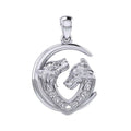 Double Celtic Wolves with Crescent Moon Sterling Silver Pendant TPD6042