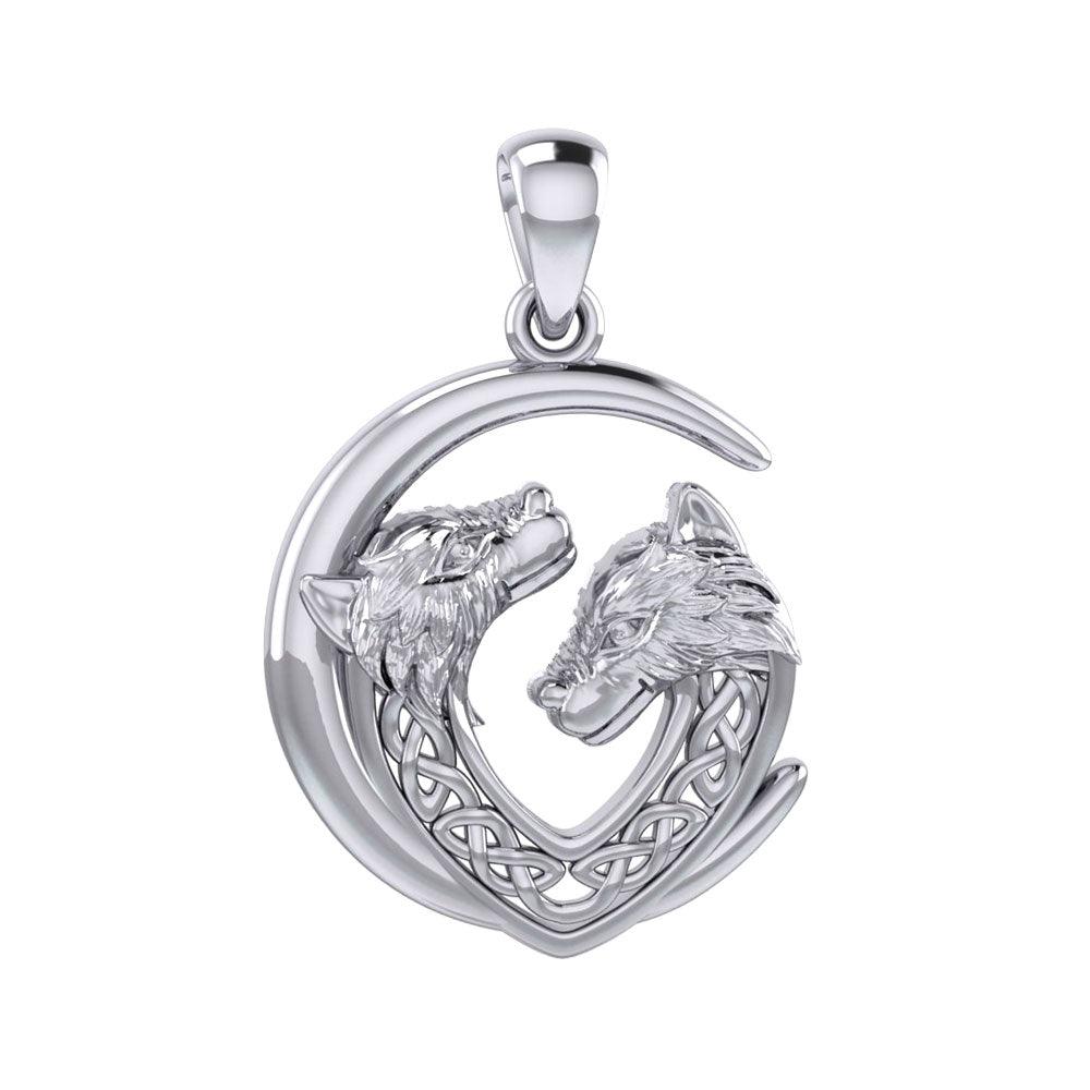 Double Celtic Wolves with Crescent Moon Sterling Silver Pendant TPD6042