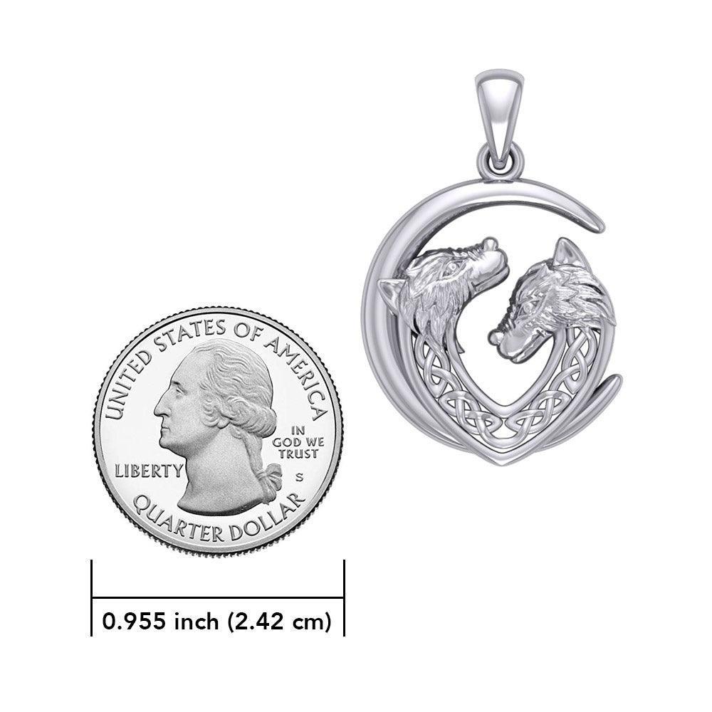 Double Celtic Wolves with Crescent Moon Sterling Silver Pendant TPD6042