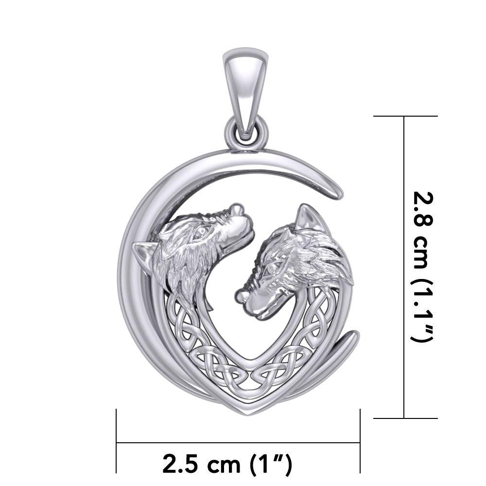 Double Celtic Wolves with Crescent Moon Sterling Silver Pendant TPD6042