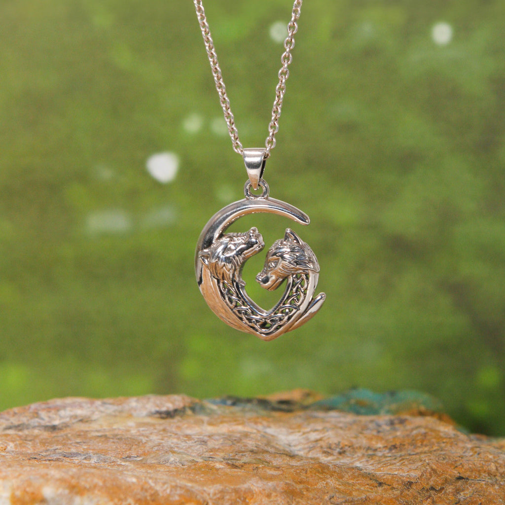 Double Celtic Wolves with Crescent Moon Sterling Silver Pendant TPD6042