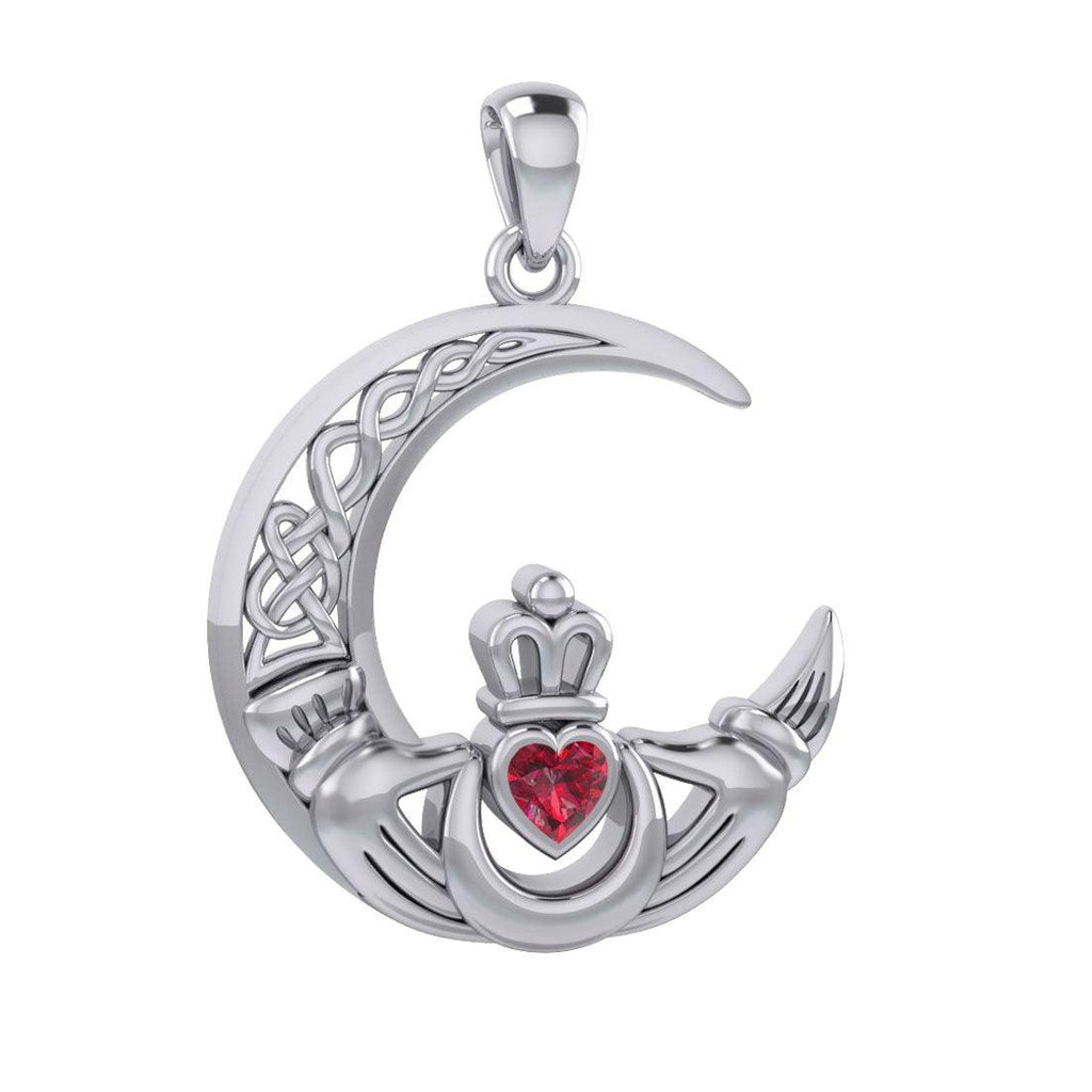 Claddagh on Celtic Moon Silver Pendant with Heart Gemstone TPD6125