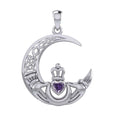 Claddagh on Celtic Moon Silver Pendant with Heart Gemstone TPD6125