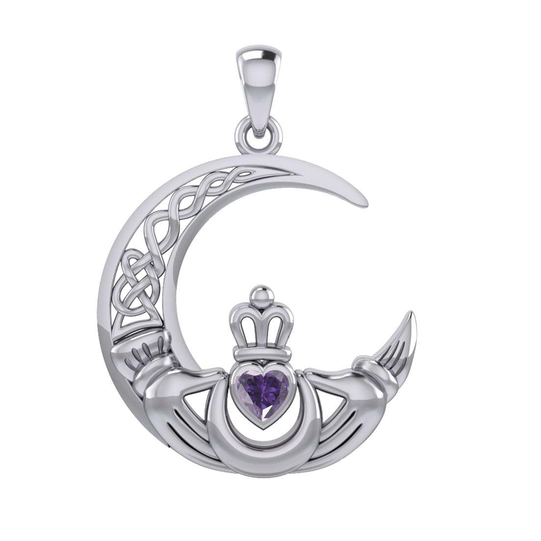 Claddagh on Celtic Moon Silver Pendant with Heart Gemstone TPD6125