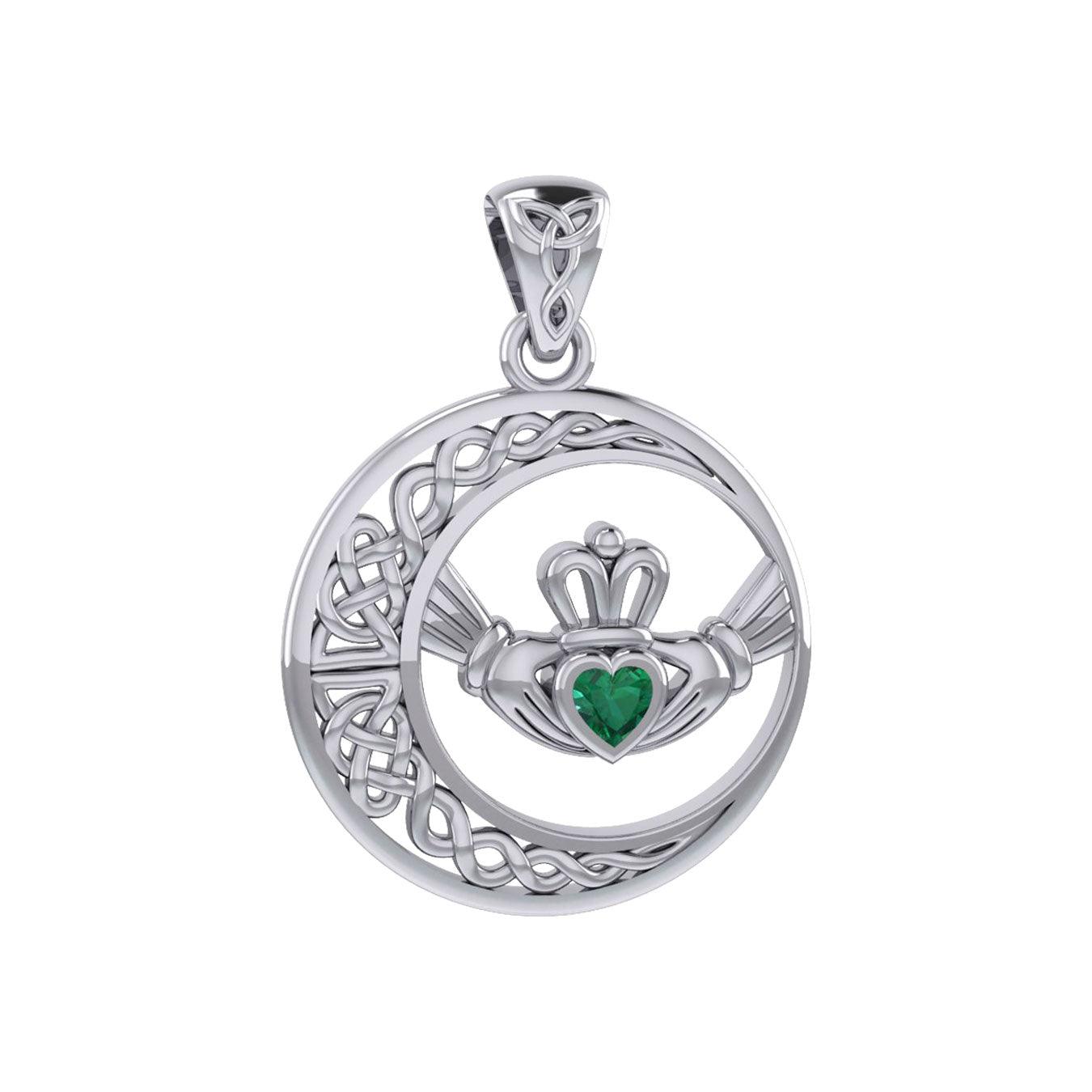 Celtic Crescent Moon and Claddagh with Heart Gemstone Silver Pendant TPD6127