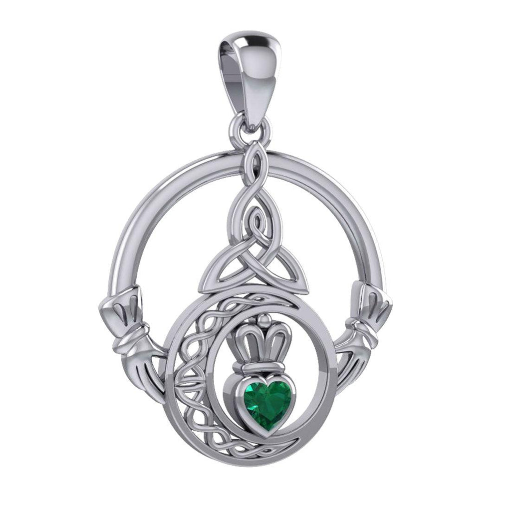 Claddagh and Celtic Crescent Moon with Heart Gemstone Sterling Silver Pendant TPD6130