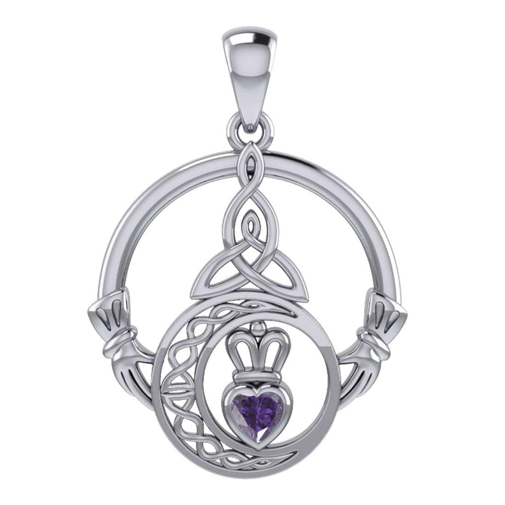Claddagh and Celtic Crescent Moon with Heart Gemstone Sterling Silver Pendant TPD6130