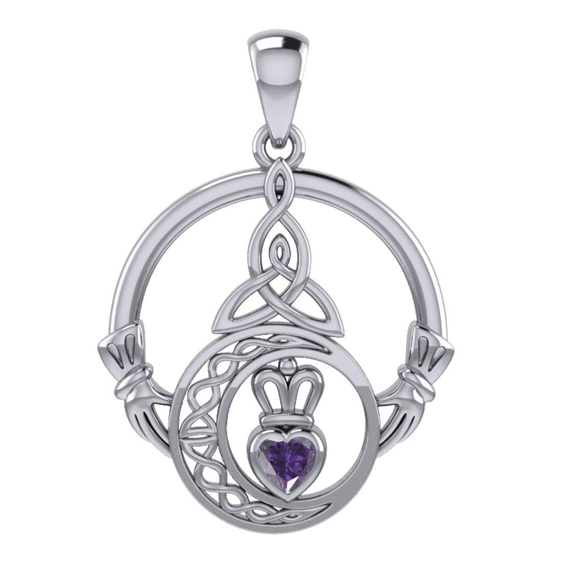 Claddagh and Celtic Crescent Moon with Heart Gemstone Sterling Silver Pendant TPD6130