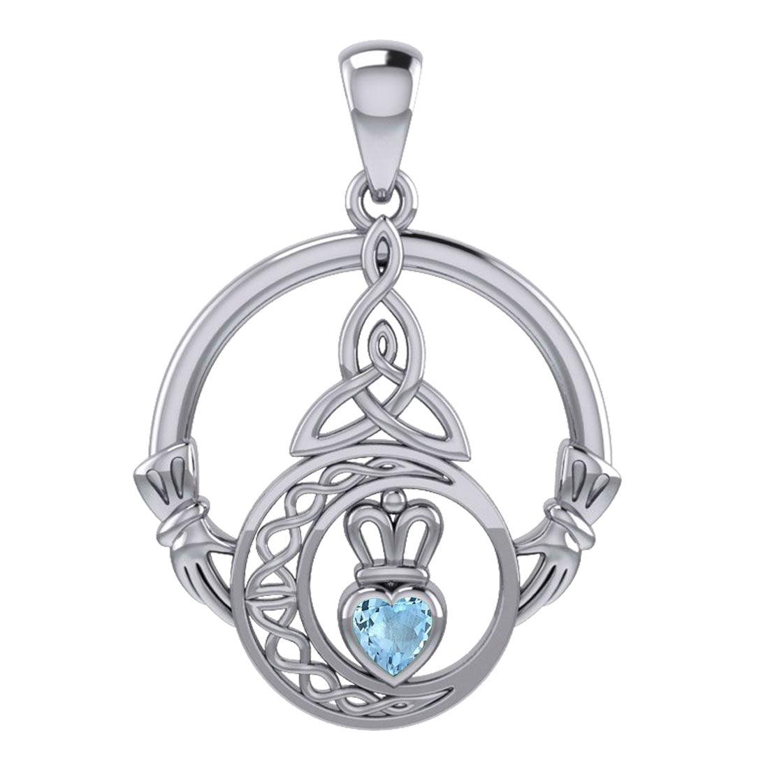 Claddagh and Celtic Crescent Moon with Heart Gemstone Sterling Silver Pendant TPD6130