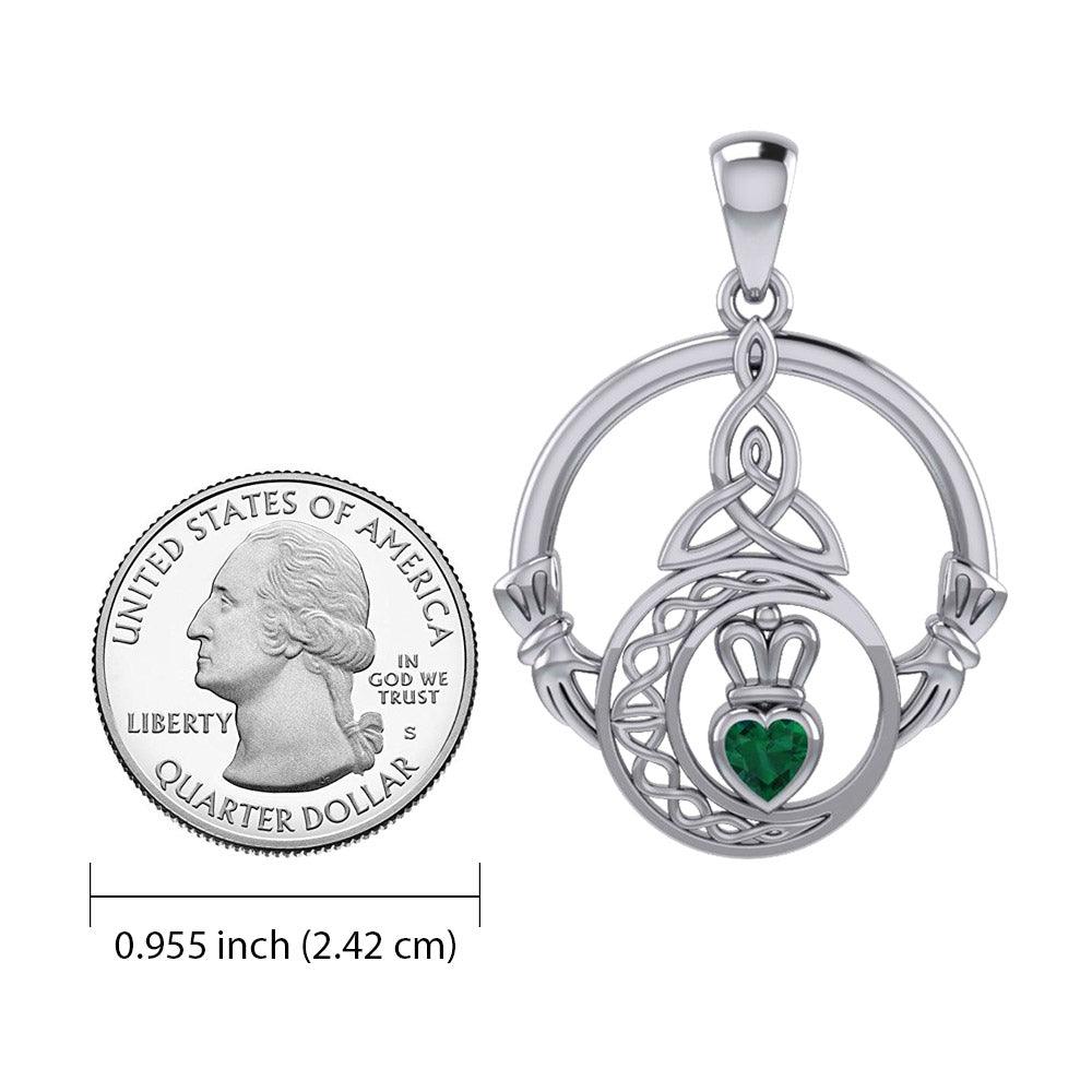 Claddagh and Celtic Crescent Moon with Heart Gemstone Sterling Silver Pendant TPD6130
