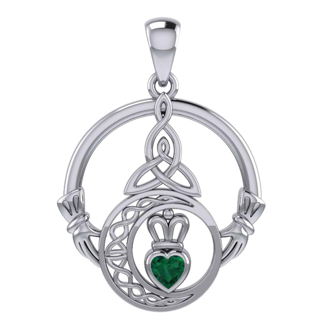 Claddagh and Celtic Crescent Moon with Heart Gemstone Sterling Silver Pendant TPD6130