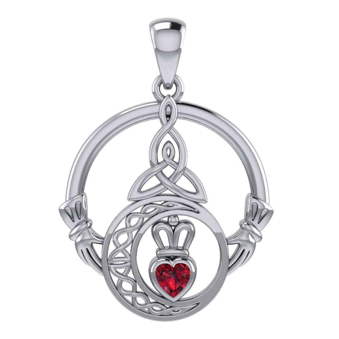 Claddagh and Celtic Crescent Moon with Heart Gemstone Sterling Silver Pendant TPD6130