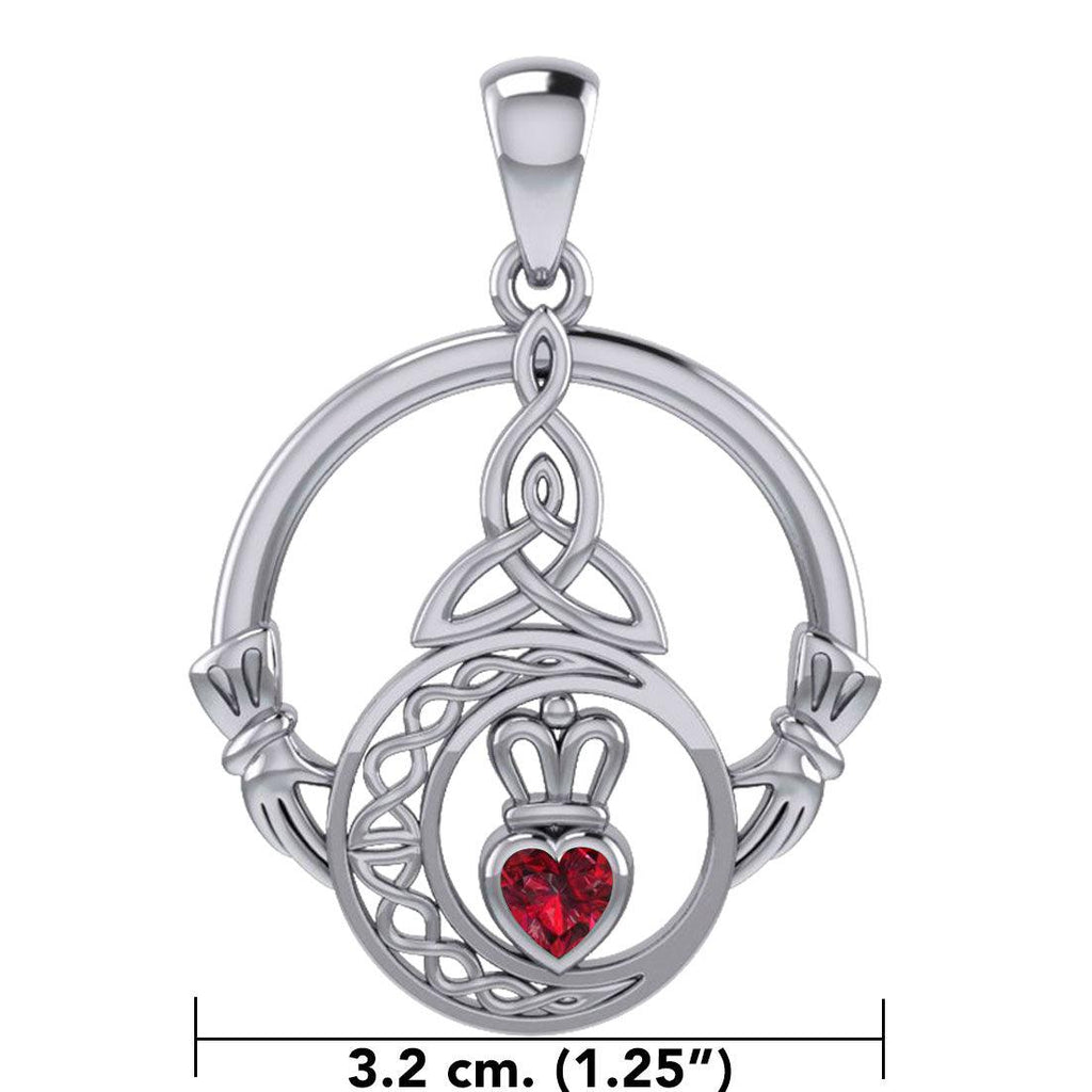 Claddagh and Celtic Crescent Moon with Heart Gemstone Sterling Silver Pendant TPD6130