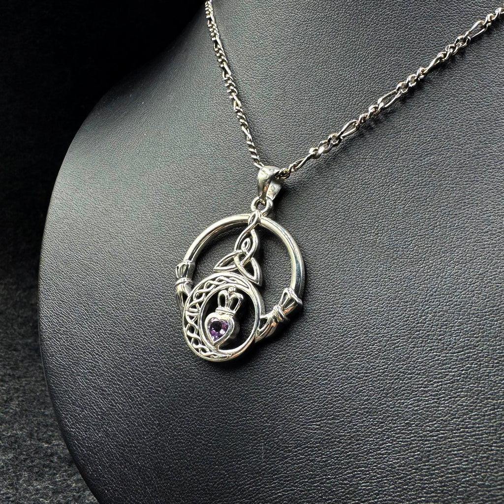 Claddagh and Celtic Crescent Moon with Heart Gemstone Sterling Silver Pendant TPD6130