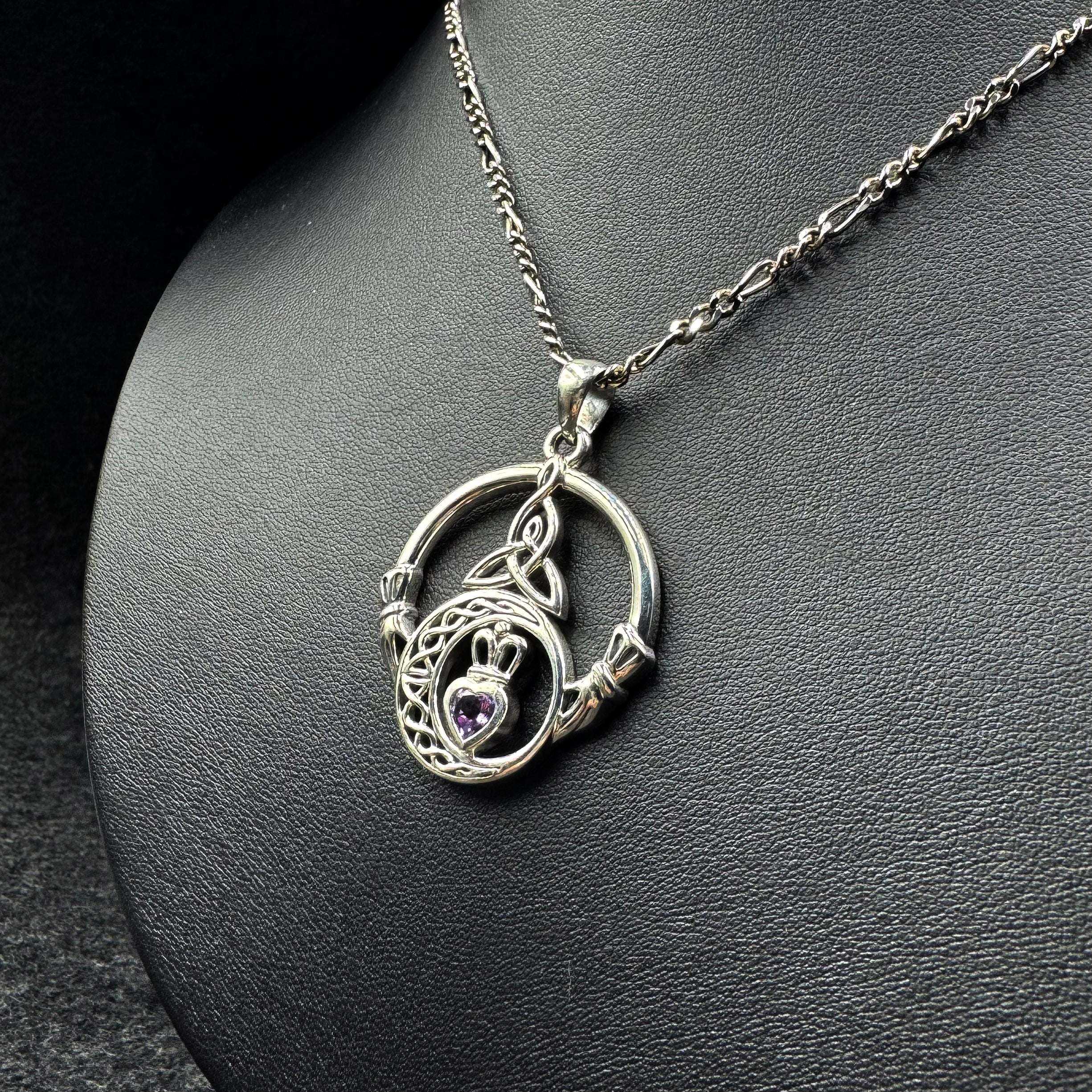 Claddagh and Celtic Crescent Moon with Heart Gemstone Sterling Silver Pendant TPD6130