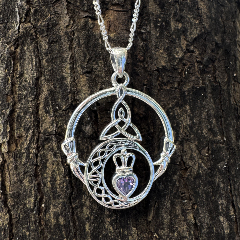 Claddagh and Celtic Crescent Moon with Heart Gemstone Sterling Silver Pendant TPD6130