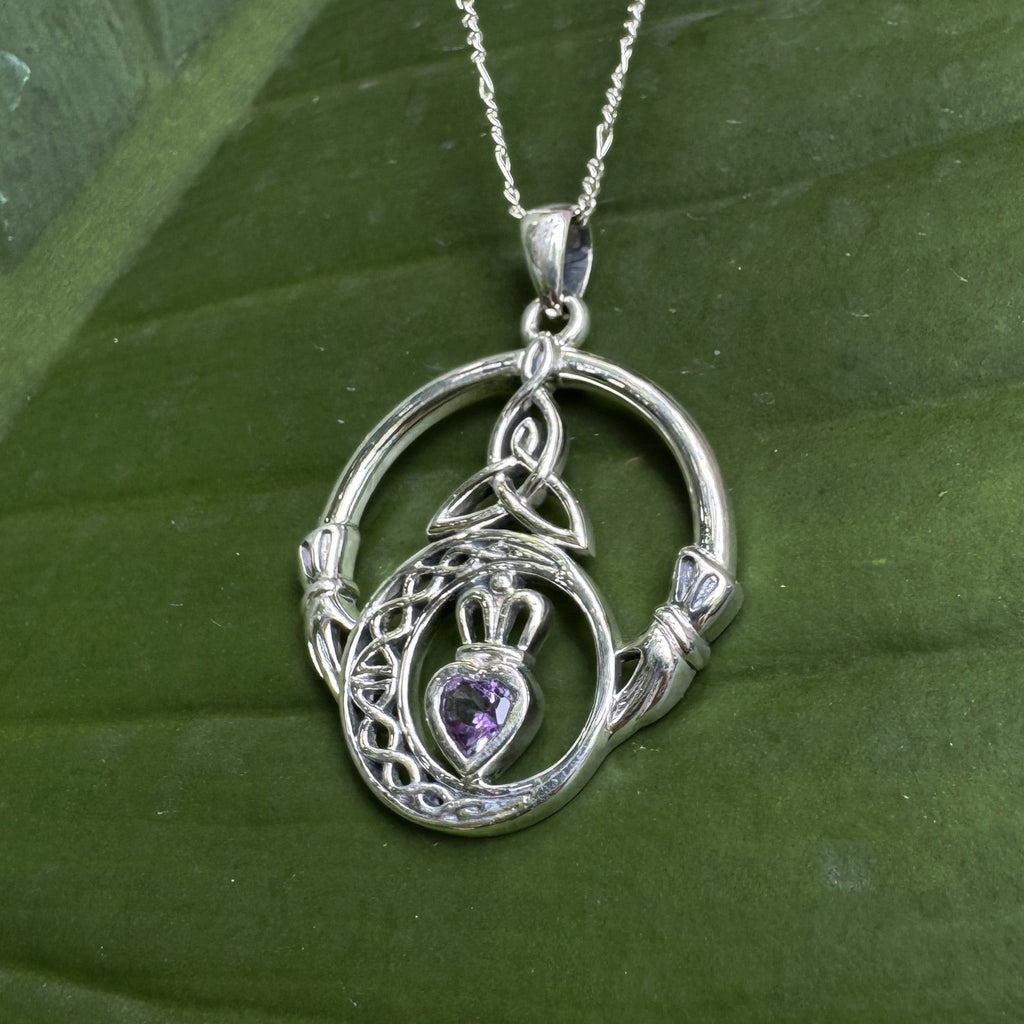 Claddagh and Celtic Crescent Moon with Heart Gemstone Sterling Silver Pendant TPD6130