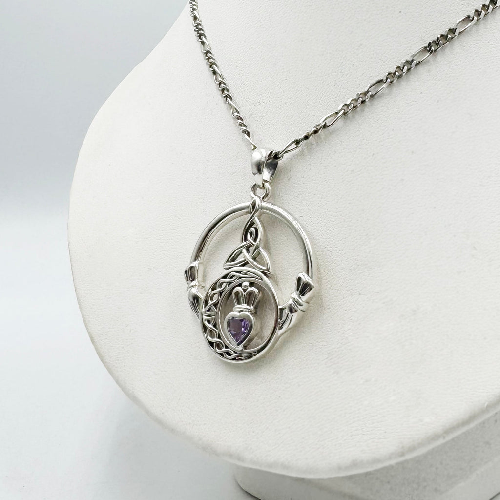 Claddagh and Celtic Crescent Moon with Heart Gemstone Sterling Silver Pendant TPD6130