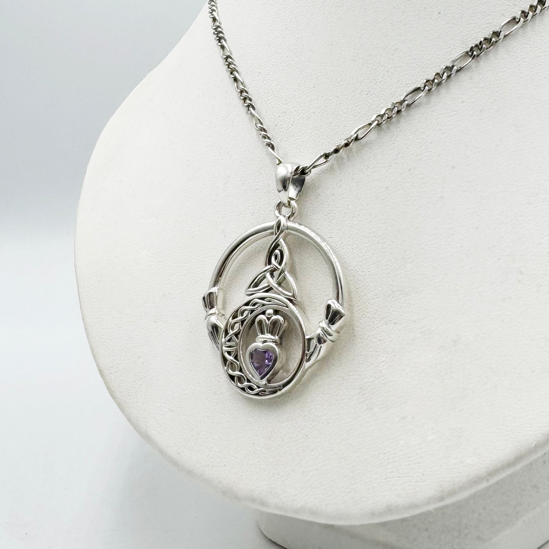 Claddagh and Celtic Crescent Moon with Heart Gemstone Sterling Silver Pendant TPD6130