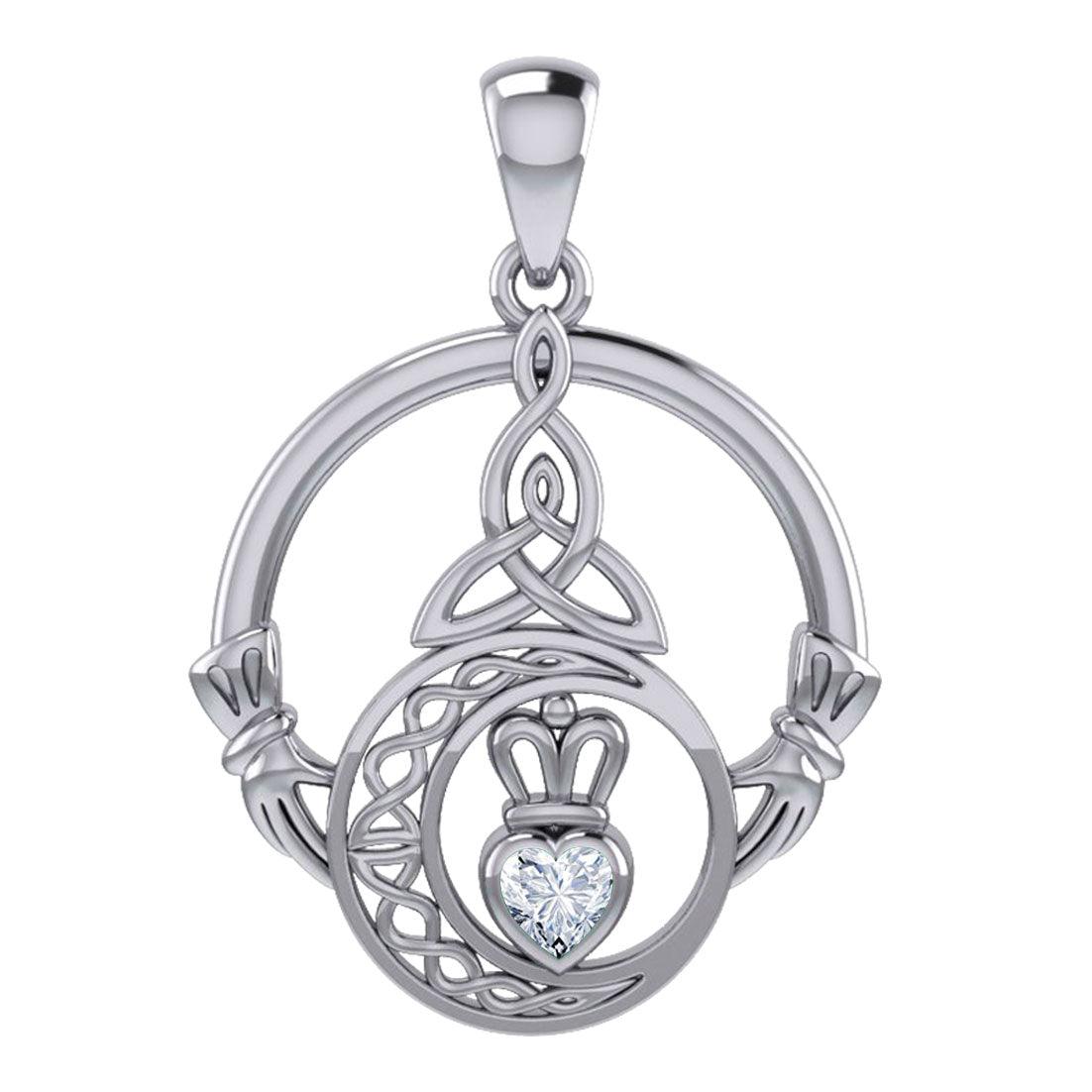 Claddagh and Celtic Crescent Moon with Heart Gemstone Sterling Silver Pendant TPD6130