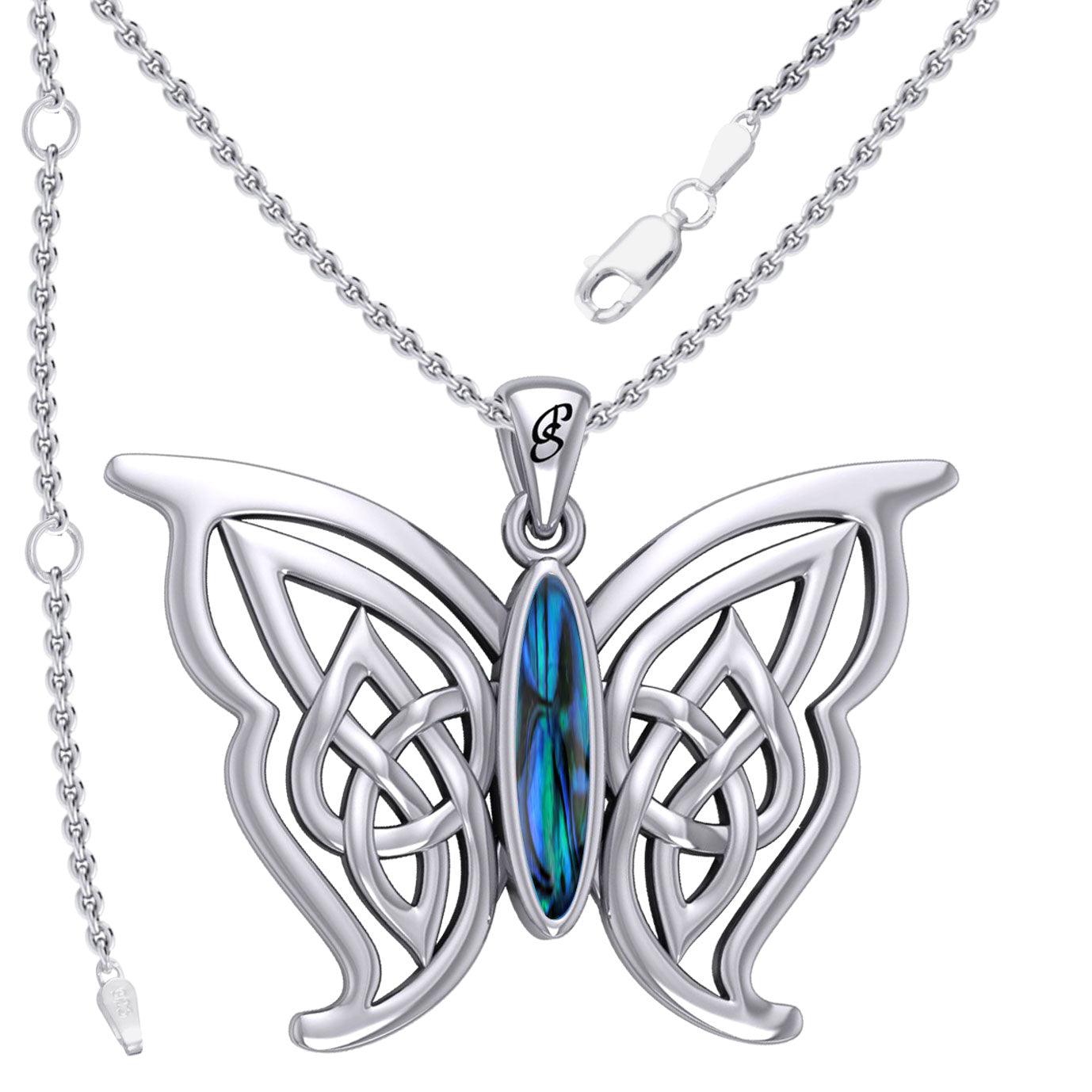 Soar Sterling Silver Joyful Celtic Butterfly  with Inlaid Stone Silver Pendant - TPD6202 by Peter Stone