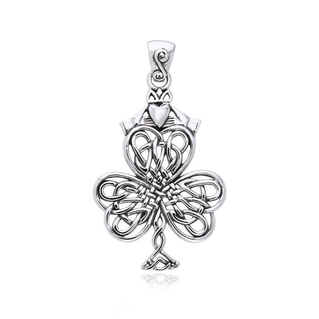 Celtic Knotwork Shamrock & Irish Claddagh Sterling Silver Pendant TPD957