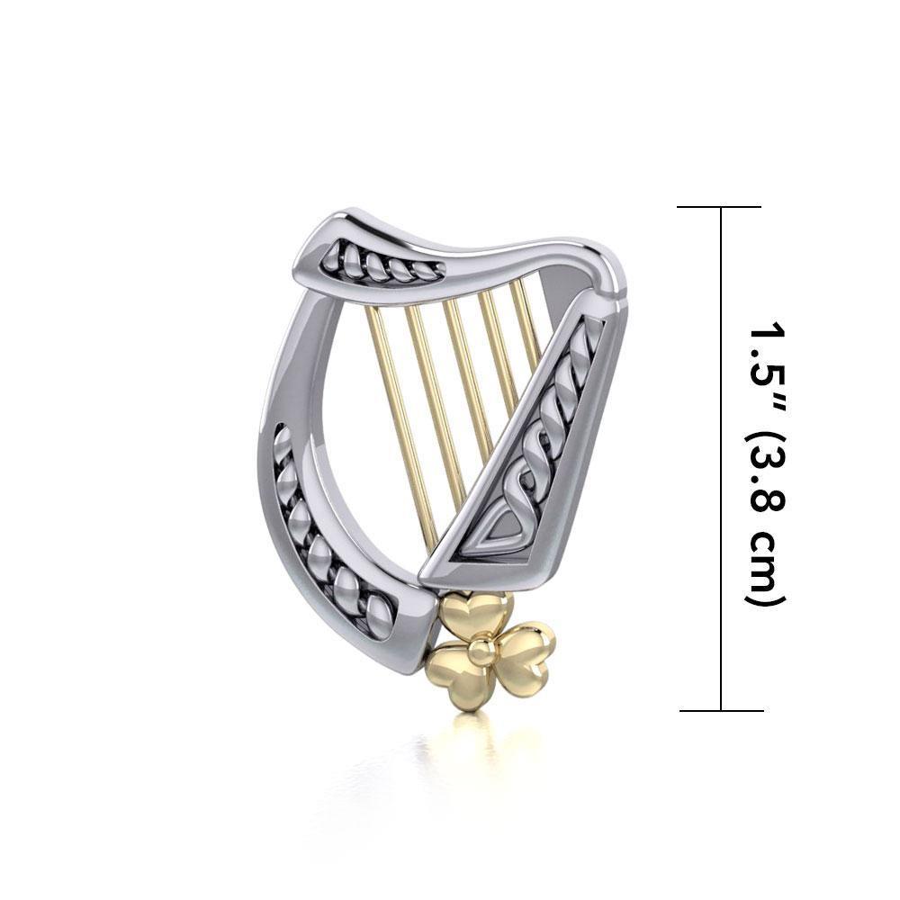 Celtic Harp Irish Shamrock Silver and 14K Gold Accent Pendant TPV1125