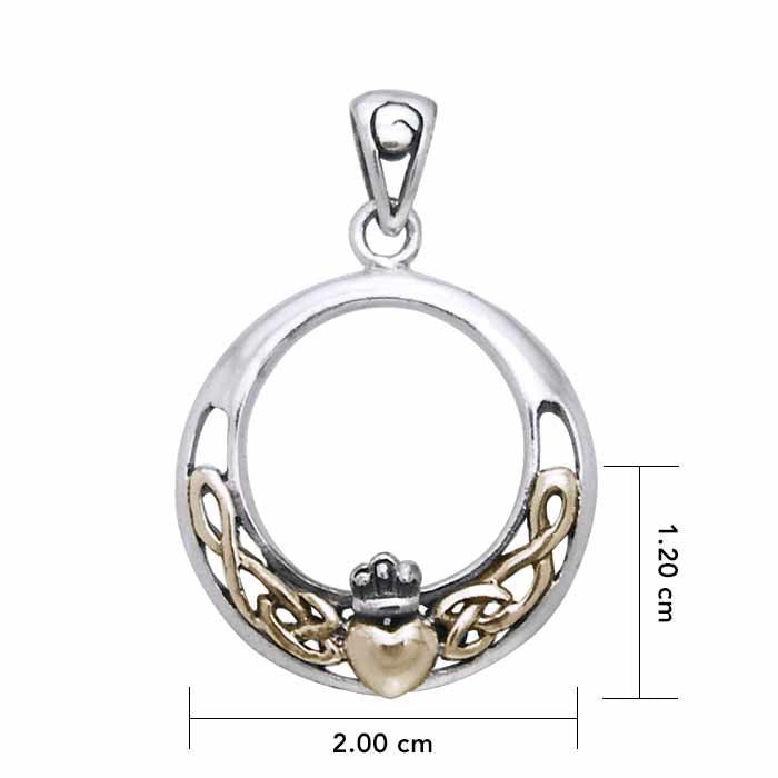 Celtic Knotwork Irish Claddagh Sterling Silver and 14K Gold Accent Pendant TPV1442