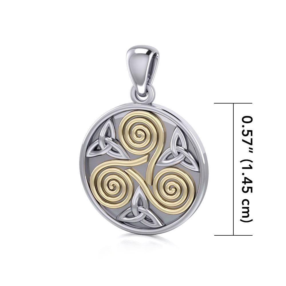 Celtic Three Single Spirals Triquetra Sterling Silver and 14K Gold accent Pendant TPV346