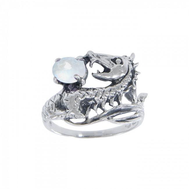 Dragon Holding Gem Sterling Silver Ring TR3808