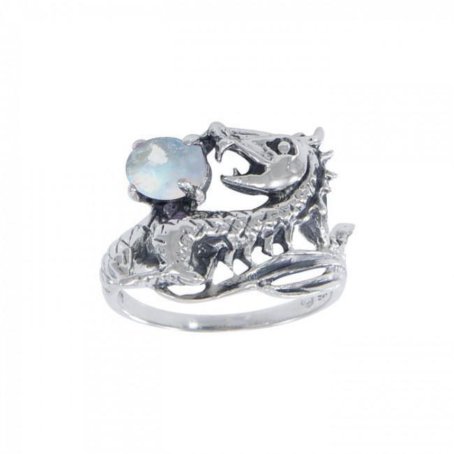 Dragon Holding Gem Sterling Silver Ring TR3808