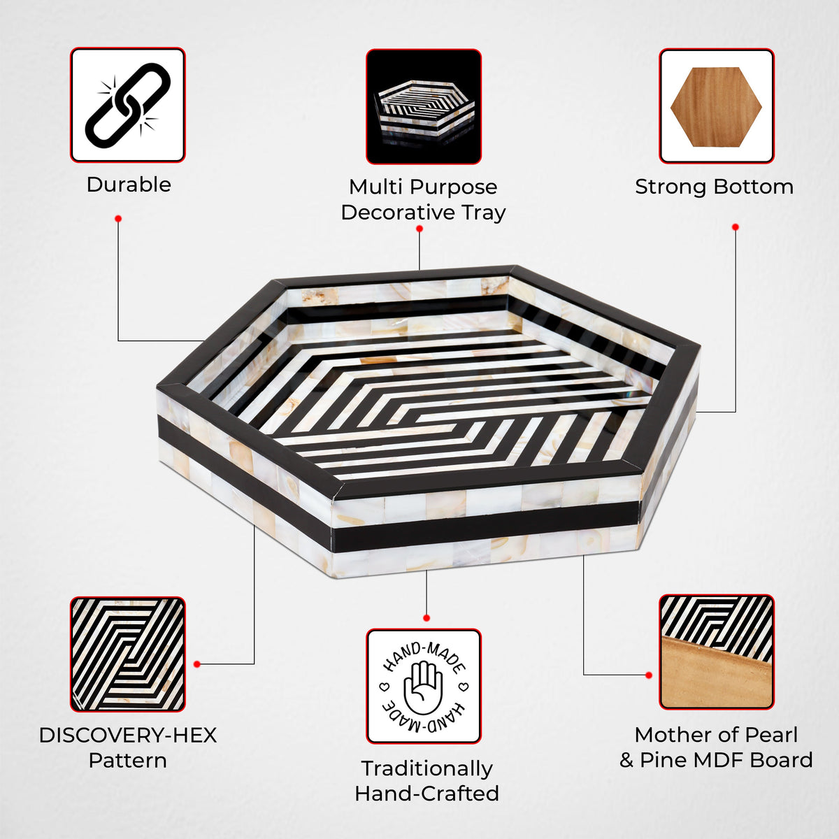 Mother of Pearl Decorative Tray 12" Black White Table Tray | Decorative Tray | Wiccan Center