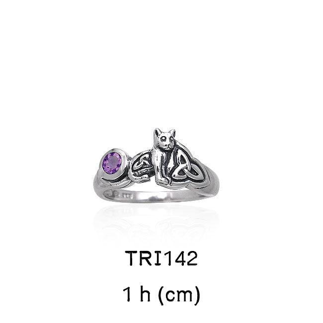 Our revered companion ~ Celtic Cat Sterling Silver Ring with Gemstone TRI142