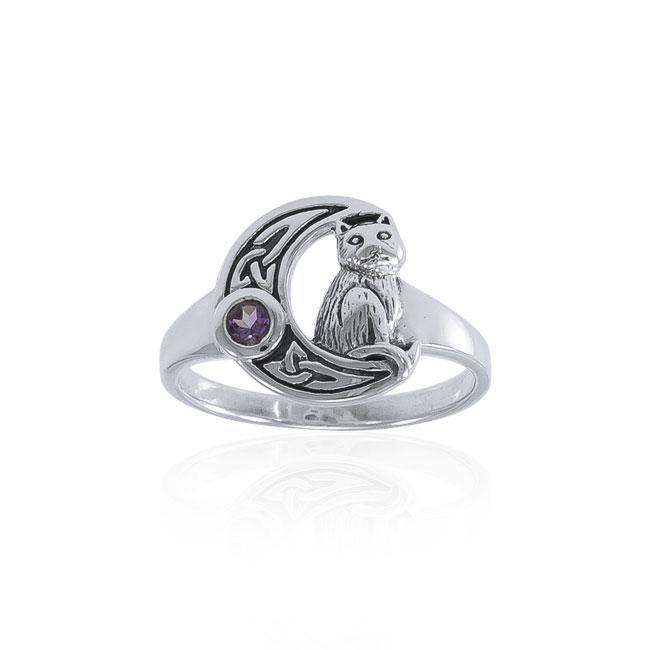 Cat with Celtic Crescent Moon Sterling Silver Ring TRI1541