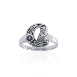 Cat with Celtic Crescent Moon Sterling Silver Ring TRI1541 | Ring | Wiccan Center