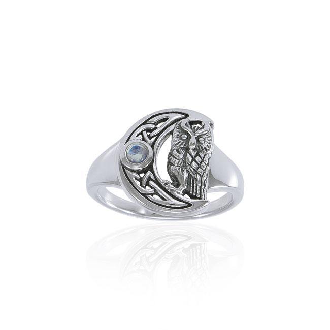 Owl with Celtic Crescent Moon Sterling Silver Ring TRI1542
